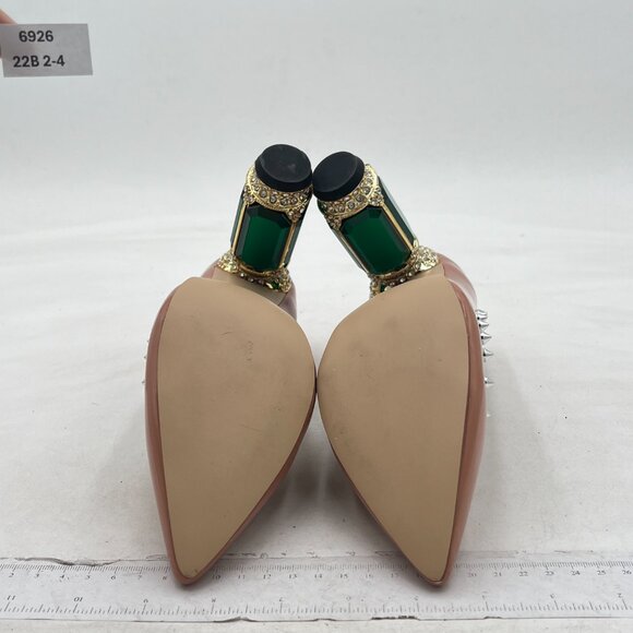 FSJ Nude Studded Rivets Pointed Toe High Heel Crystal Pumps Slip on Dress Shoes - Picture 6 of 7